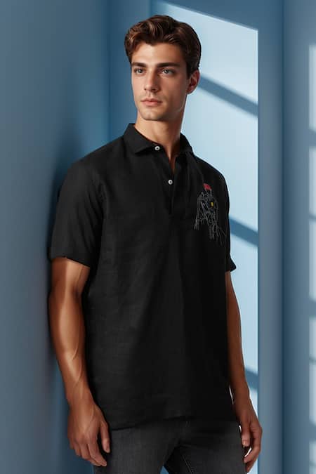 Aryavir Malhotra_Black Linen Embroidery Equestrian Polo Pure T-shirt _Online_at_Aza_Fashions
