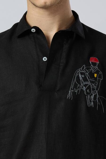 Shop_Aryavir Malhotra_Black Linen Embroidery Equestrian Polo Pure T-shirt _Online_at_Aza_Fashions