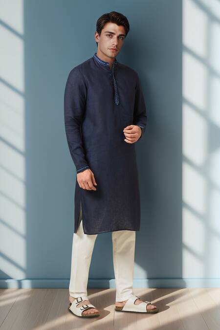 Arihant Rai Sinha_Navy Linen Solid Pure Long Kurta _Online_at_Aza_Fashions