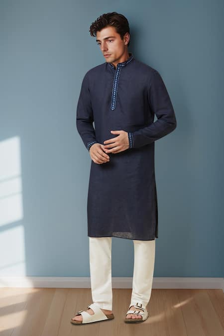 Buy_Arihant Rai Sinha_Navy Linen Solid Pure Long Kurta _Online_at_Aza_Fashions
