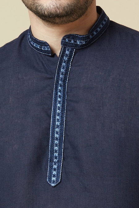 Shop_Arihant Rai Sinha_Navy Linen Solid Pure Long Kurta _Online_at_Aza_Fashions