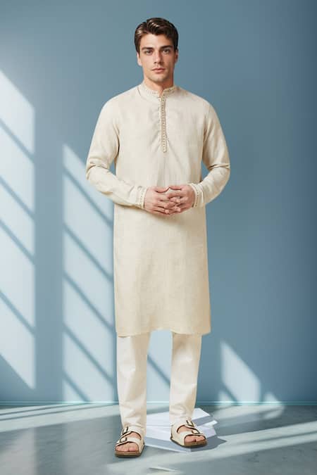 Arihant Rai Sinha_Beige Linen Embroidery Pure Long Kurta _Online_at_Aza_Fashions