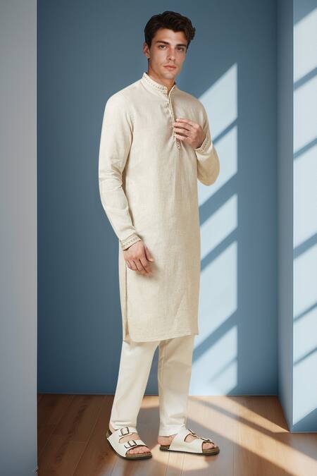 Shop_Arihant Rai Sinha_Beige Linen Embroidery Pure Long Kurta _Online_at_Aza_Fashions