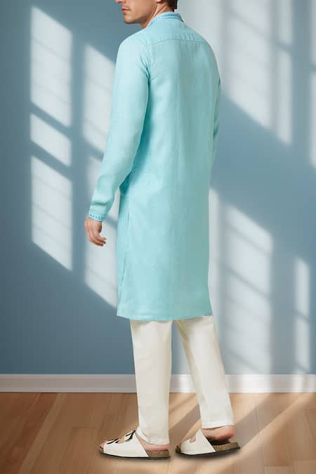 Shop_Arihant Rai Sinha_Blue Linen Sky Pure Long Kurta _at_Aza_Fashions