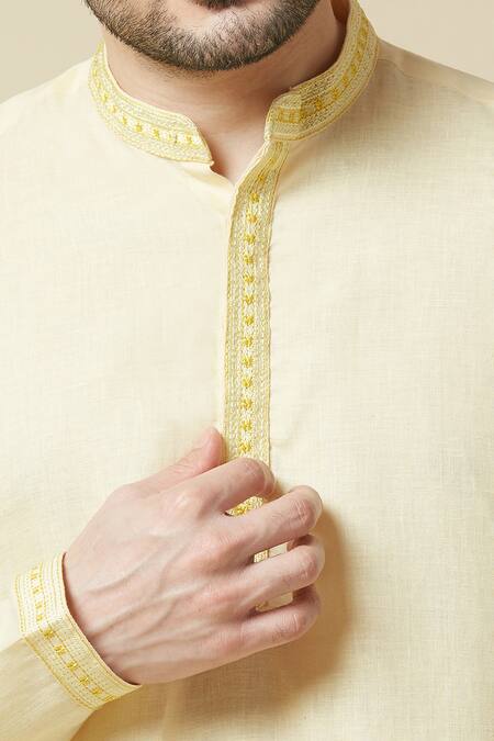 Shop_Arihant Rai Sinha_Yellow Linen Embroidery Pure Long Kurta _Online_at_Aza_Fashions
