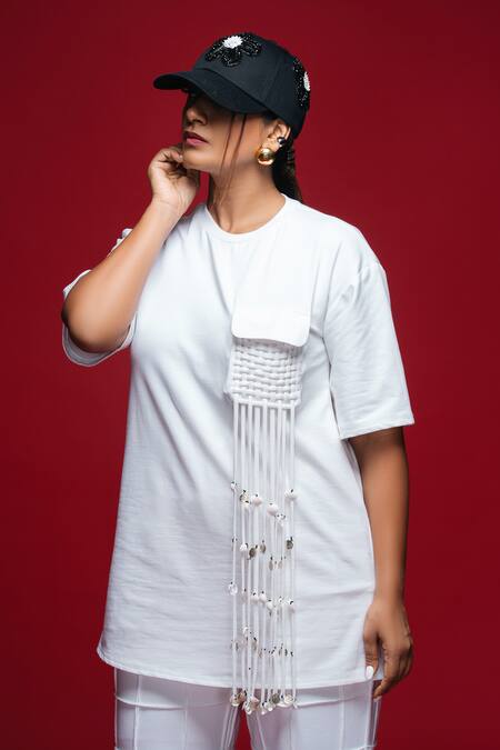 Buy_Khushboo Haran Borkar_White Cotton Beads Tether And Grid Co-ord Set_Online_at_Aza_Fashions