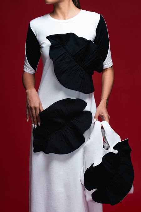 Shop_Khushboo Haran Borkar_White Ruffles Round Neck Petalhold Column Dress_Online_at_Aza_Fashions