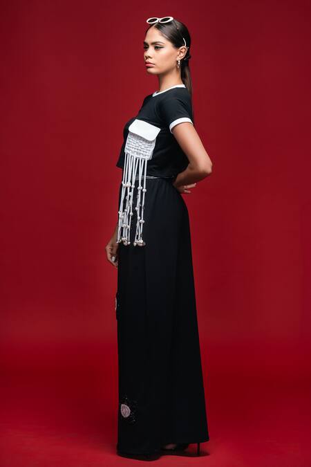 Khushboo Haran Borkar_Black Embroidery Round Neck Coastal Interlude Co-ord Set_at_Aza_Fashions