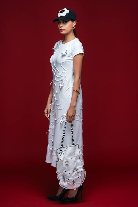 Buy_Khushboo Haran Borkar_White Embroidery Round Neck Stemline Column Dress_Online_at_Aza_Fashions