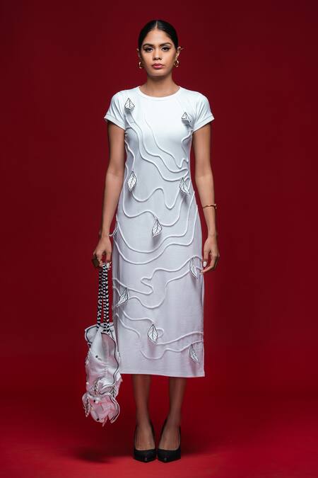 Shop_Khushboo Haran Borkar_White Embroidery Round Neck Stemline Column Dress_Online_at_Aza_Fashions