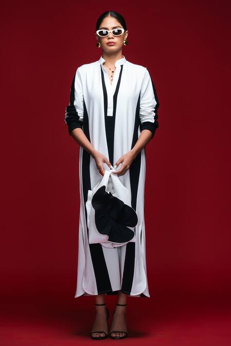 Khushboo Haran Borkar_White Collared Monochrome Striped Midi Dress_Online_at_Aza_Fashions