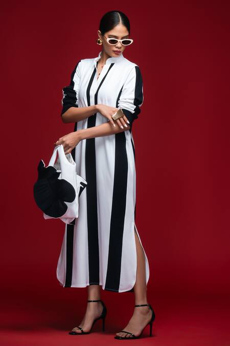 Buy_Khushboo Haran Borkar_White Collared Monochrome Striped Midi Dress_Online_at_Aza_Fashions
