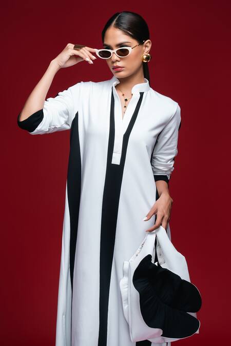Shop_Khushboo Haran Borkar_White Collared Monochrome Striped Midi Dress_Online_at_Aza_Fashions