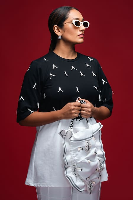 Buy_Khushboo Haran Borkar_Black Embroidery Crew Neck Contrast Panel Co-ord Set_Online_at_Aza_Fashions