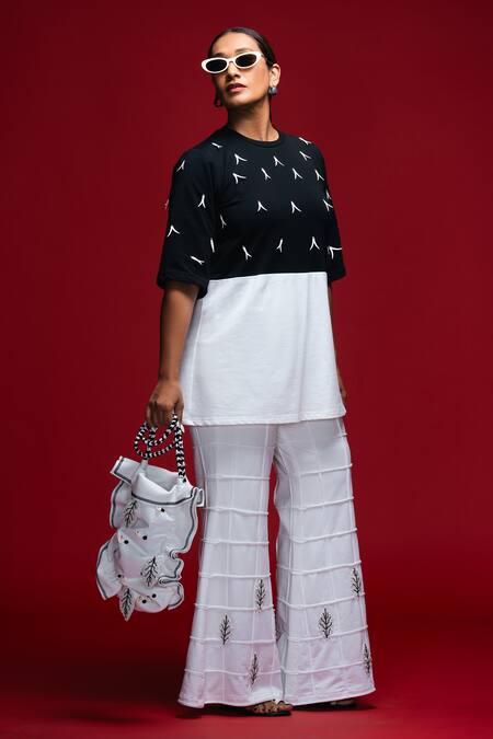 Shop_Khushboo Haran Borkar_Black Embroidery Crew Neck Contrast Panel Co-ord Set_Online_at_Aza_Fashions