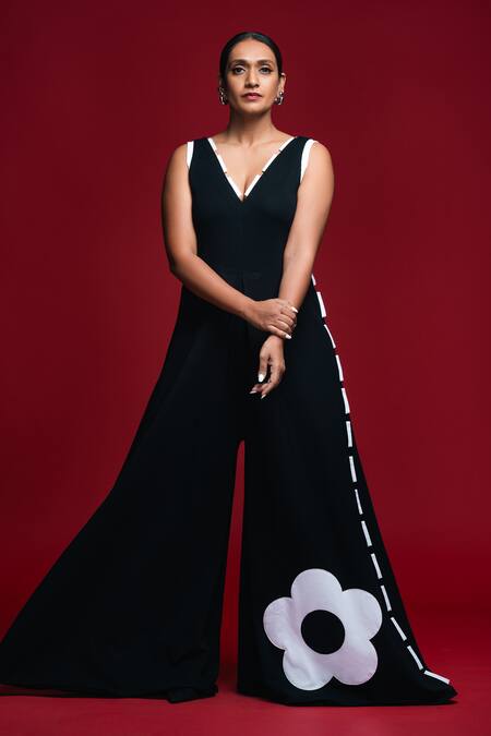 Shop_Khushboo Haran Borkar_Black Fabric Flowers V-neck Split Stem Jumpsuit_Online_at_Aza_Fashions