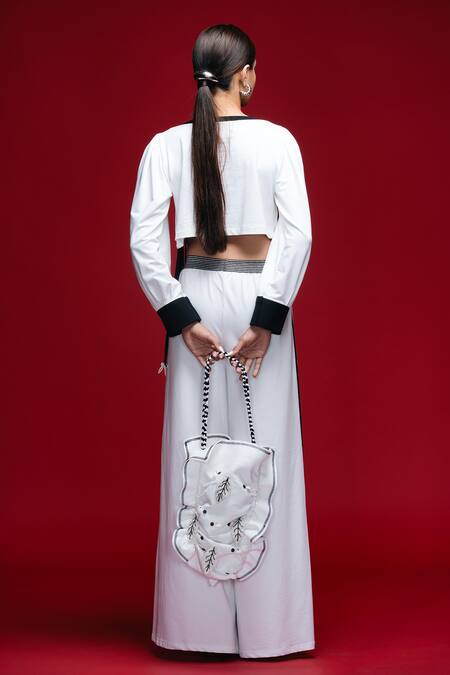 Shop Khushboo Haran Borkar White Applique, Fringe V-neck Floral Cipher Pant Set at Aza Fashions Shop_Khushboo Haran Borkar_White Applique, Fringe V-neck Floral Cipher Pant Set_at_Aza_Fashions