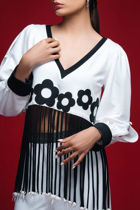 Buy Khushboo Haran Borkar White Applique, Fringe V-neck Floral Cipher Pant Set Online at Aza Fashions Buy_Khushboo Haran Borkar_White Applique, Fringe V-neck Floral Cipher Pant Set_Online_at_Aza_Fashions