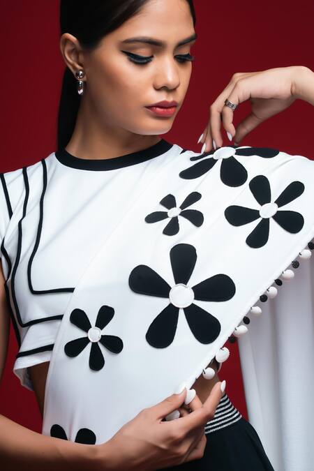 Khushboo Haran Borkar White Lycra Embroidery, Pom-poms Round Neck Floral Pre-draped Saree Set Online at Aza Fashions Khushboo Haran Borkar_White Lycra Embroidery, Pom-poms Round Neck Floral Pre-draped Saree Set_Online_at_Aza_Fashions