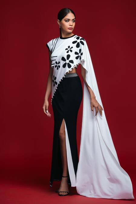 Shop Khushboo Haran Borkar White Lycra Embroidery, Pom-poms Round Neck Floral Pre-draped Saree Set Online at Aza Fashions Shop_Khushboo Haran Borkar_White Lycra Embroidery, Pom-poms Round Neck Floral Pre-draped Saree Set_Online_at_Aza_Fashions