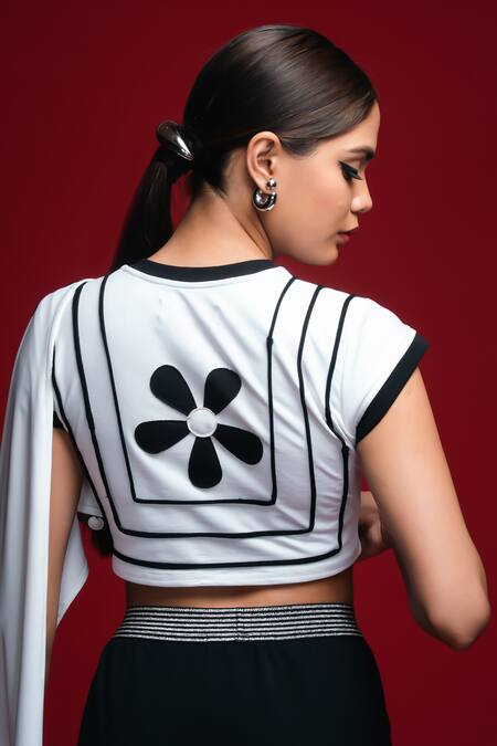 Buy Khushboo Haran Borkar White Lycra Embroidery, Pom-poms Round Neck Floral Pre-draped Saree Set Buy_Khushboo Haran Borkar_White Lycra Embroidery, Pom-poms Round Neck Floral Pre-draped Saree Set