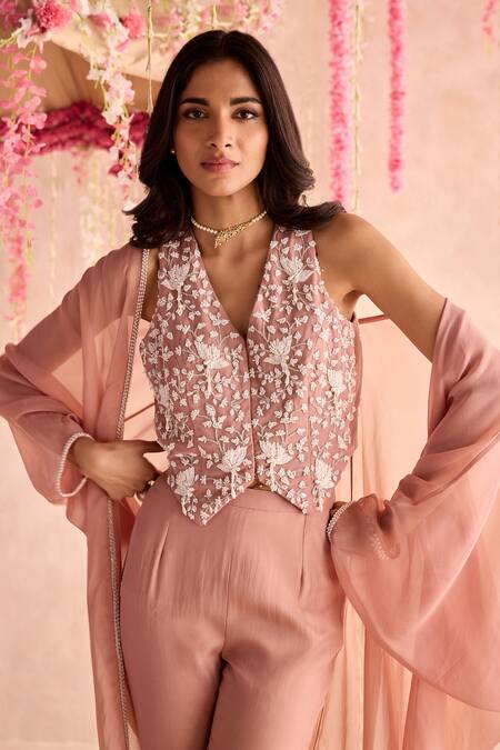 Shop Seema Thukral Peach Georgette, Organza Embroidery Embellished Waistcoat And Pants Cape Set Online at Aza Fashions Shop_Seema Thukral_Peach Georgette, Organza Embroidery Embellished Waistcoat And Pants Cape Set _Online_at_Aza_Fashions