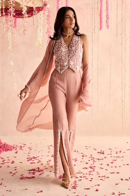 Seema Thukral Peach Georgette, Organza Embroidery Embellished Waistcoat And Pants Cape Set at Aza Fashions Seema Thukral_Peach Georgette, Organza Embroidery Embellished Waistcoat And Pants Cape Set _at_Aza_Fashions