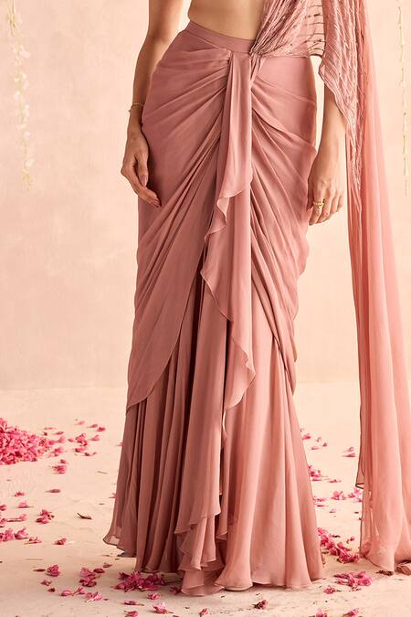 Buy_Seema Thukral_Peach Georgette, Satin Beads, Tassels, Embellished Blouse And Pre-draped Saree Set _Online_at_Aza_Fashions