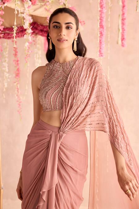 Shop_Seema Thukral_Peach Georgette, Satin Beads, Tassels, Embellished Blouse And Pre-draped Saree Set _Online_at_Aza_Fashions