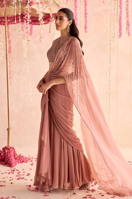 Seema Thukral_Peach Georgette, Satin Beads, Tassels, Embellished Blouse And Pre-draped Saree Set _at_Aza_Fashions