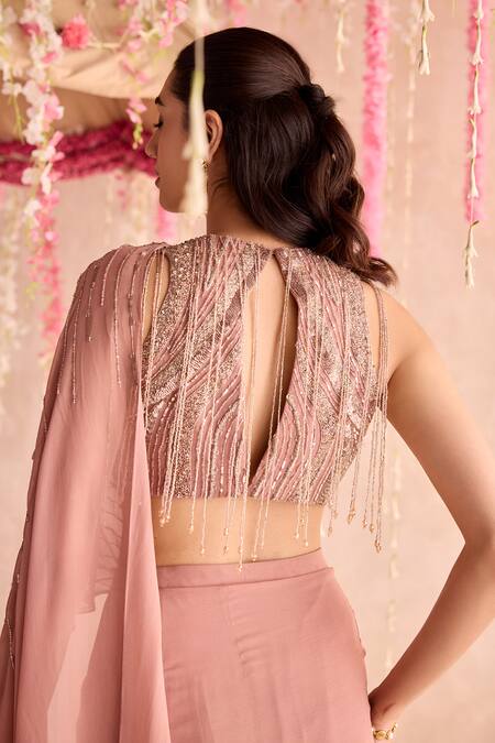 Buy_Seema Thukral_Peach Georgette, Satin Beads, Tassels, Embellished Blouse And Pre-draped Saree Set 