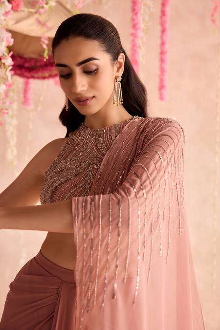Shop_Seema Thukral_Peach Georgette, Satin Beads, Tassels, Embellished Blouse And Pre-draped Saree Set 