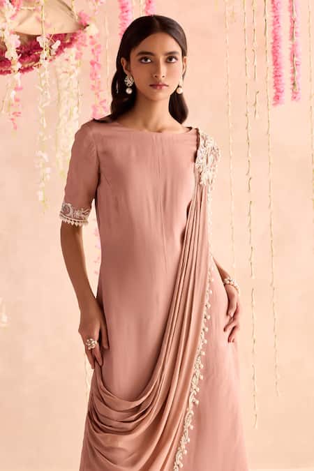 Seema Thukral Peach Silk Embroidery Round Embellished Straight Kurta Set With Draped Dupatta Online at Aza Fashions Seema Thukral_Peach Silk Embroidery Round Embellished Straight Kurta Set With Draped Dupatta _Online_at_Aza_Fashions