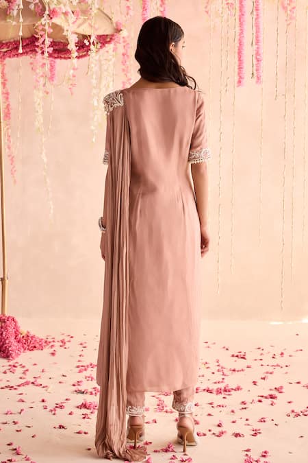 Shop Seema Thukral Peach Silk Embroidery Round Embellished Straight Kurta Set With Draped Dupatta at Aza Fashions Shop_Seema Thukral_Peach Silk Embroidery Round Embellished Straight Kurta Set With Draped Dupatta _at_Aza_Fashions