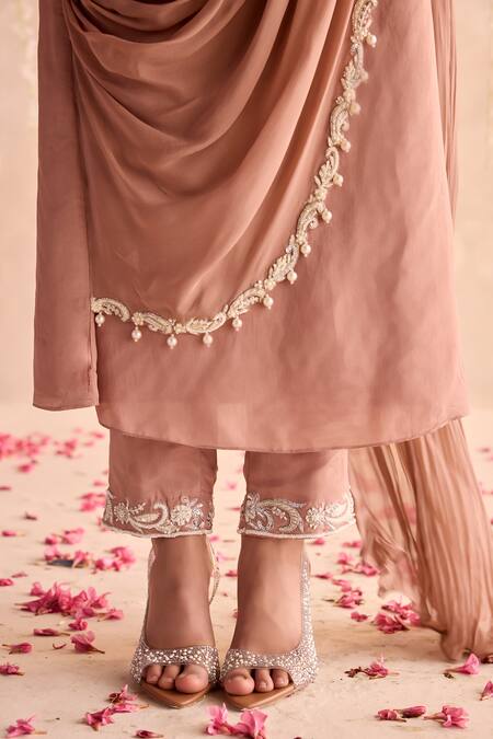 Buy Seema Thukral Peach Silk Embroidery Round Embellished Straight Kurta Set With Draped Dupatta Online at Aza Fashions Buy_Seema Thukral_Peach Silk Embroidery Round Embellished Straight Kurta Set With Draped Dupatta _Online_at_Aza_Fashions