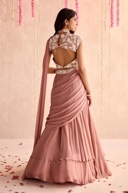 Shop Seema Thukral Peach Georgette, Satin Embroidery, Pearls, Sequins Embellished Lehenga Set at Aza Fashions Shop_Seema Thukral_Peach Georgette, Satin Embroidery, Pearls, Sequins Embellished Lehenga Set _at_Aza_Fashions