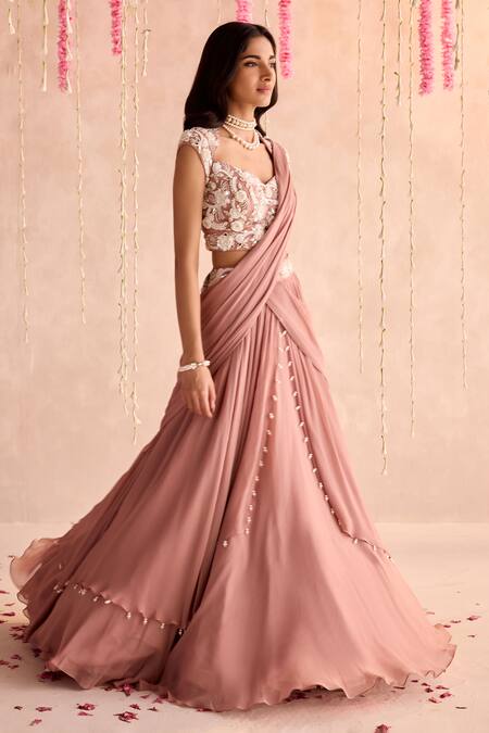 Seema Thukral Peach Georgette, Satin Embroidery, Pearls, Sequins Embellished Lehenga Set Online at Aza Fashions Seema Thukral_Peach Georgette, Satin Embroidery, Pearls, Sequins Embellished Lehenga Set _Online_at_Aza_Fashions