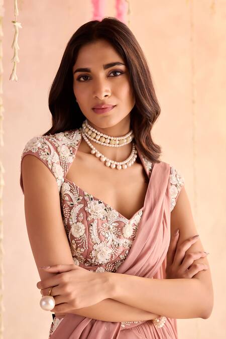 Shop Seema Thukral Peach Georgette, Satin Embroidery, Pearls, Sequins Embellished Lehenga Set Online at Aza Fashions Shop_Seema Thukral_Peach Georgette, Satin Embroidery, Pearls, Sequins Embellished Lehenga Set _Online_at_Aza_Fashions