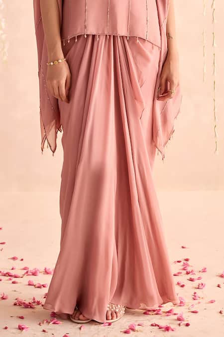 Seema Thukral_Peach Georgette, Satin Beads Round Neck Embellished Kaftan And Draped Skirt Set _Online_at_Aza_Fashions