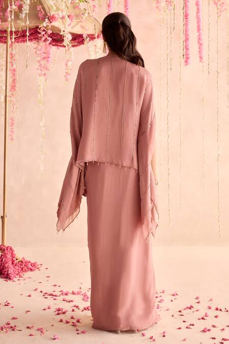 Shop_Seema Thukral_Peach Georgette, Satin Beads Round Neck Embellished Kaftan And Draped Skirt Set _at_Aza_Fashions