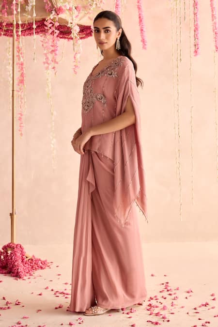 Buy_Seema Thukral_Peach Georgette, Satin Beads Round Neck Embellished Kaftan And Draped Skirt Set _Online_at_Aza_Fashions