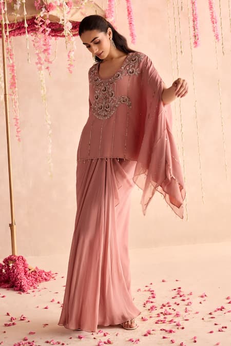Shop_Seema Thukral_Peach Georgette, Satin Beads Round Neck Embellished Kaftan And Draped Skirt Set _Online_at_Aza_Fashions