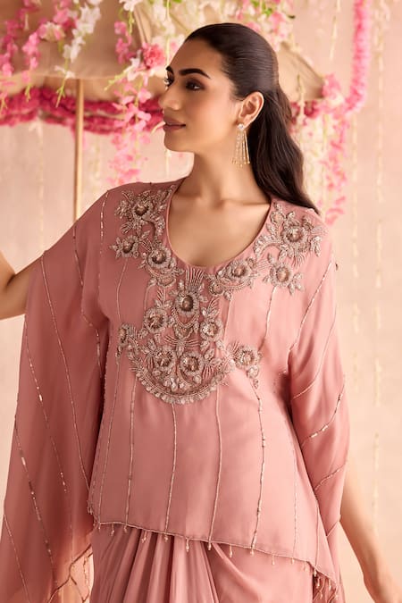 Seema Thukral_Peach Georgette, Satin Beads Round Neck Embellished Kaftan And Draped Skirt Set _at_Aza_Fashions