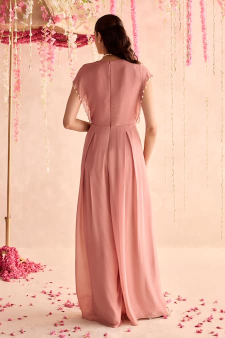 Shop_Seema Thukral_Peach Georgette, Satin Embroidery V-neck Embellished Pleated Jumpsuit _at_Aza_Fashions