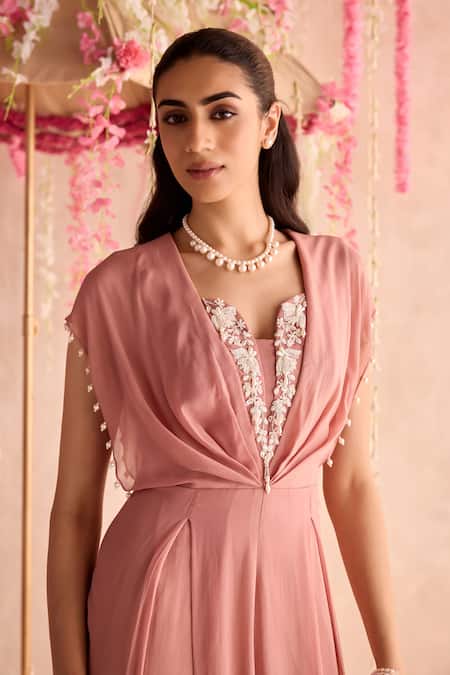 Seema Thukral_Peach Georgette, Satin Embroidery V-neck Embellished Pleated Jumpsuit _Online_at_Aza_Fashions