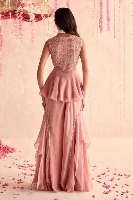Shop_Seema Thukral_Peach Organza, Satin Embroidery Square Neck Embellished Peplum And Sharara Set _at_Aza_Fashions