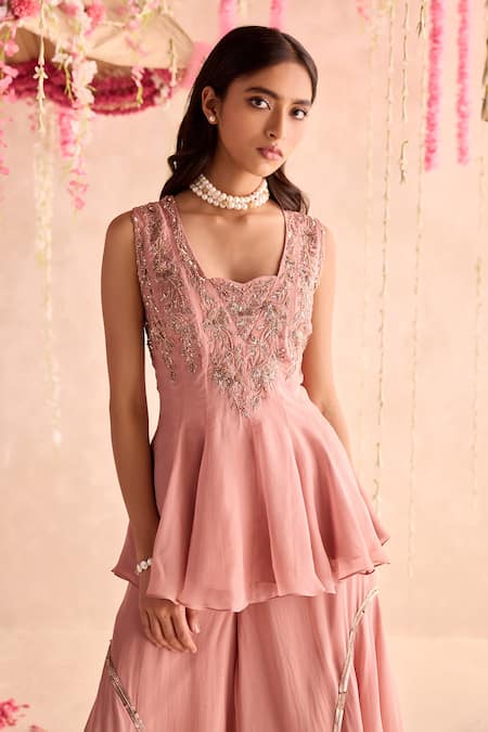 Seema Thukral_Peach Organza, Satin Embroidery Square Neck Embellished Peplum And Sharara Set _Online_at_Aza_Fashions