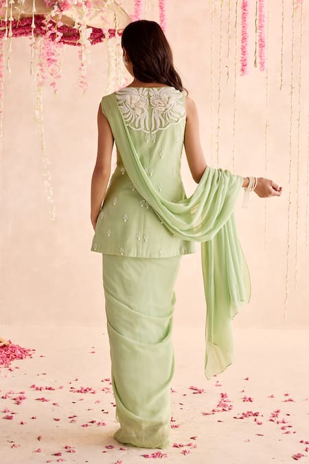 Seema Thukral_Green Georgette, Satin Embroidery Scoop Embellished Peplum And Draped Dhoti Saree _Online_at_Aza_Fashions
