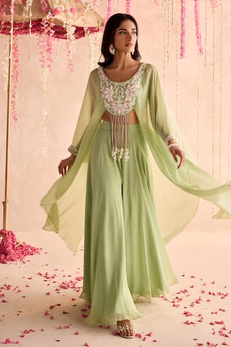 Seema Thukral Green Organza, Georgette, Satin Tassels, Embellished Blouse And Sharara Set Online at Aza Fashions Seema Thukral_Green Organza, Georgette, Satin Tassels, Embellished Blouse And Sharara Set _Online_at_Aza_Fashions
