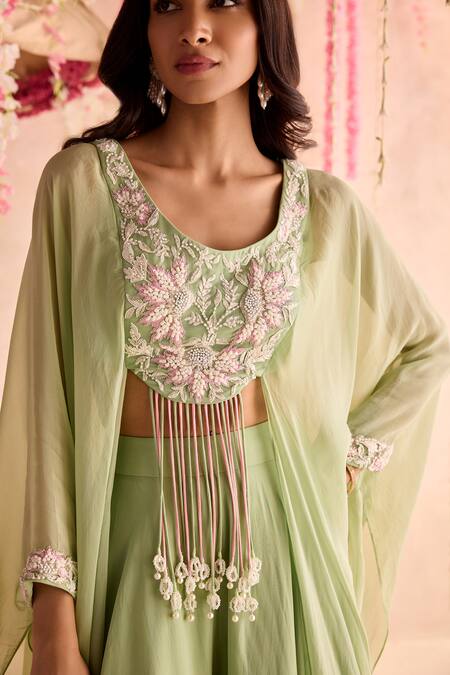Shop Seema Thukral Green Organza, Georgette, Satin Tassels, Embellished Blouse And Sharara Set Online at Aza Fashions Shop_Seema Thukral_Green Organza, Georgette, Satin Tassels, Embellished Blouse And Sharara Set _Online_at_Aza_Fashions